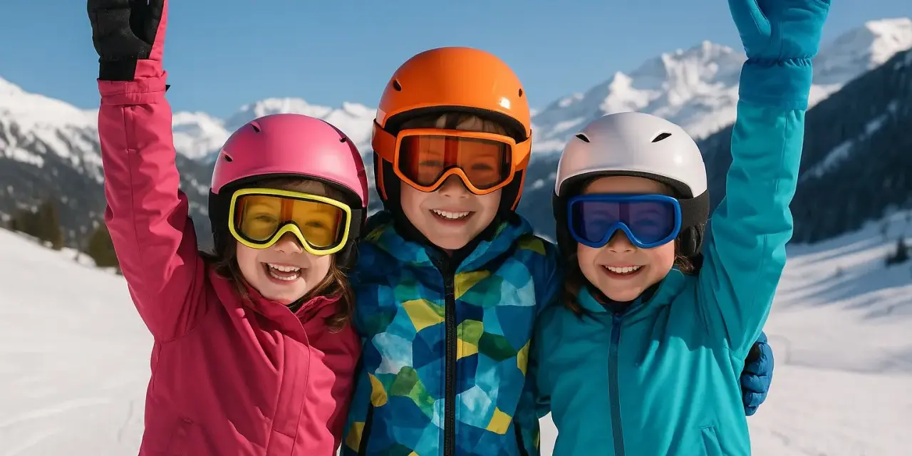 Trois enfants souriants, équipés pour le ski, célèbrent leurs vacances scolaires en Autriche. Leurs casques et lunettes colorés brillent sous le soleil.