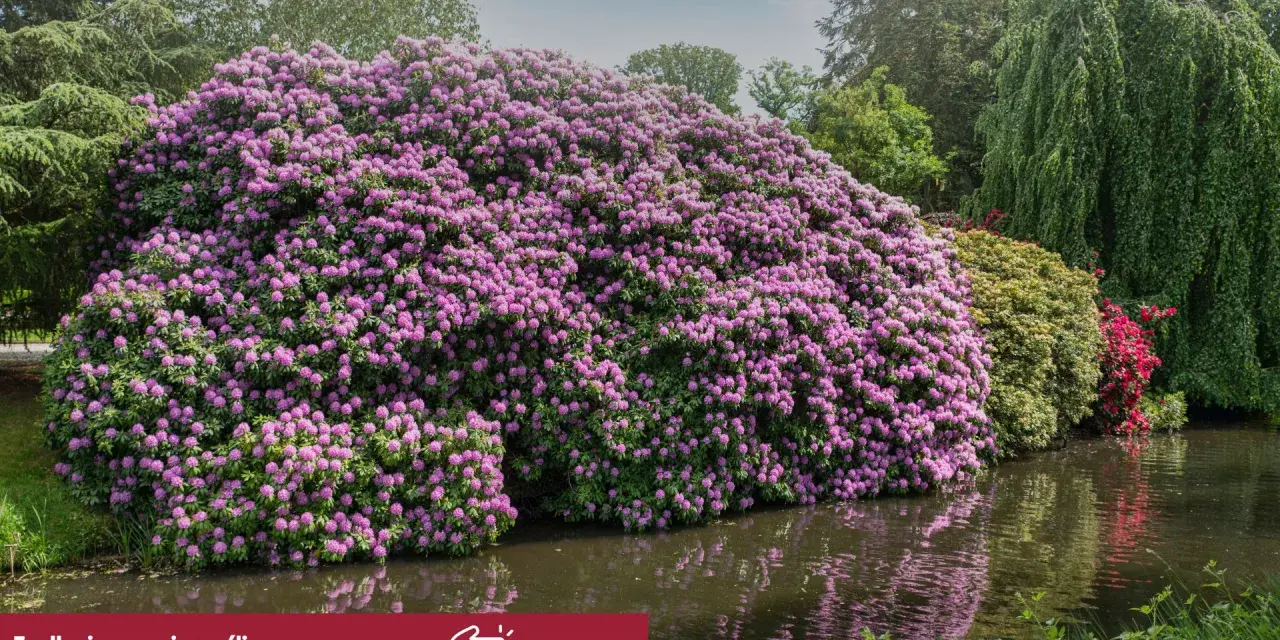 Majestatyczny rododendron w pełnym rozkwicie, kiedy kwitną rododendrony, tworzy fioletową falę nad wodą.