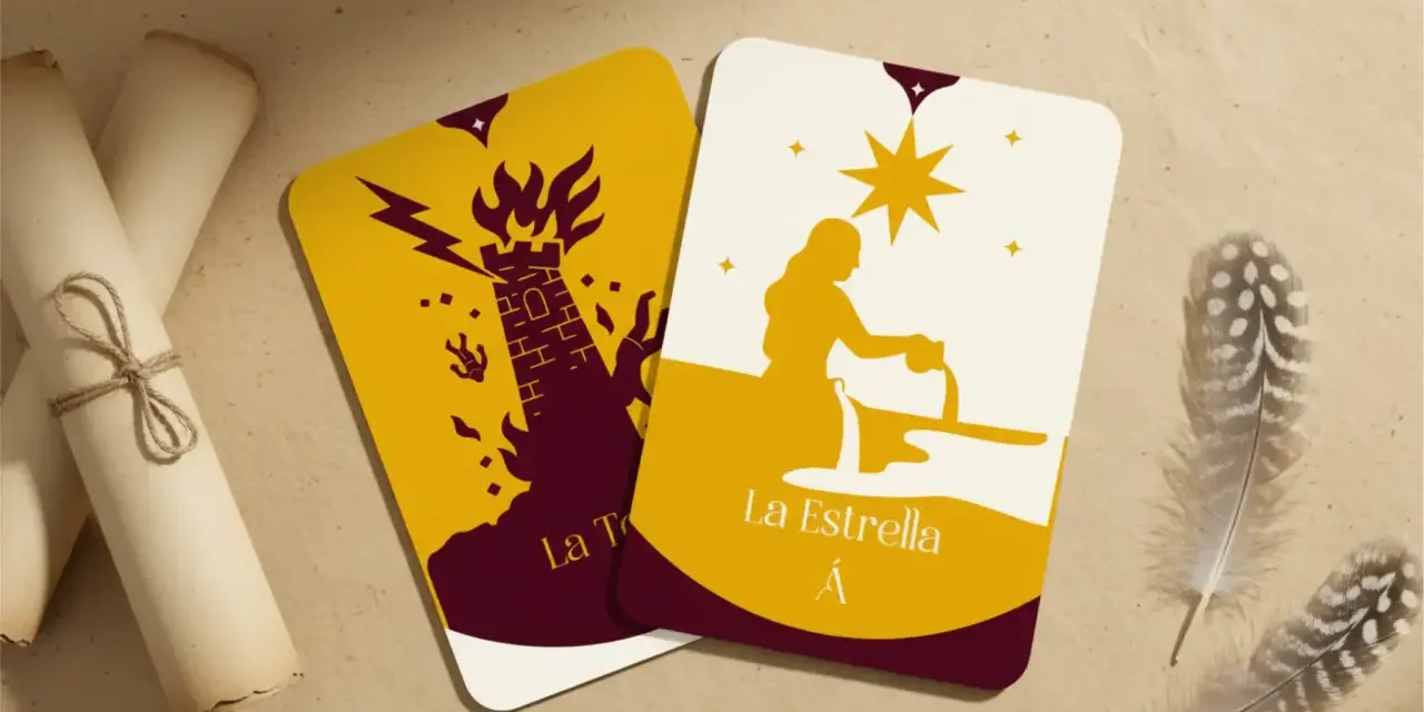 Dos cartas de tarot: La Torre en llamas y La Estrella vertiendo agua.