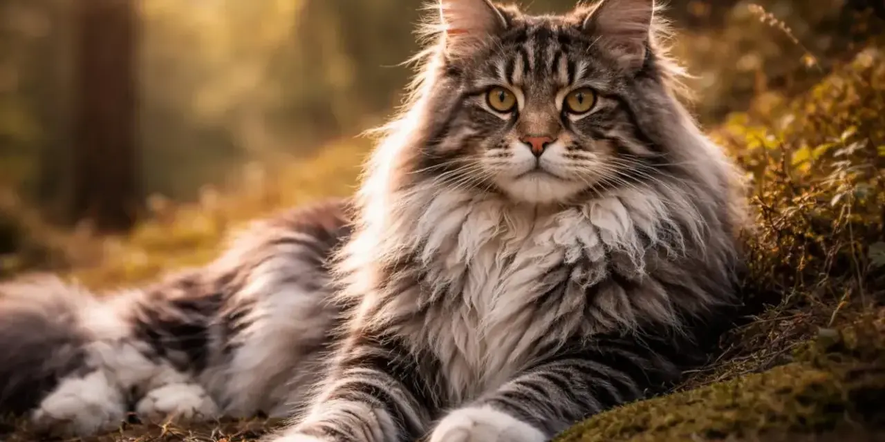 Majestatyczny kot rasy Maine Coon, z bujną grzywą i puszystym ogonem, leży w jesiennym lesie. Jego charakterystyka to łagodność i przyjazność.