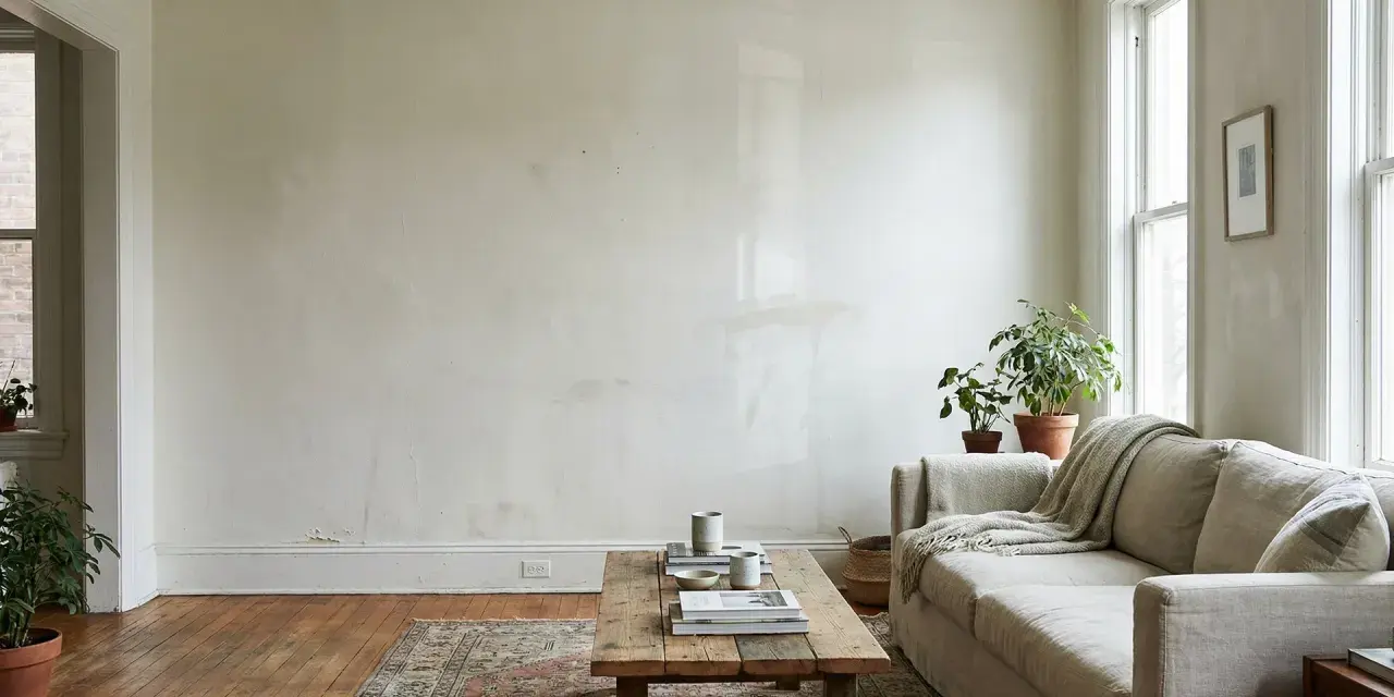 Soggiorno con divano beige, tavolino in legno e piante. Le pareti bianche mostrano segni del tempo, suggerendo che è ora di pensare a ogni quanto imbiancare casa.