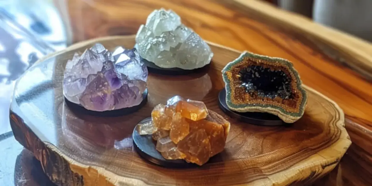 Cztery kryształy na drewnianej desce. Fioletowy ametyst, zielony kwarc, bursztynowy kalcyt i geoda z czarnymi kryształami. Opal, kamień znak zodiaku, może być jednym z nich.