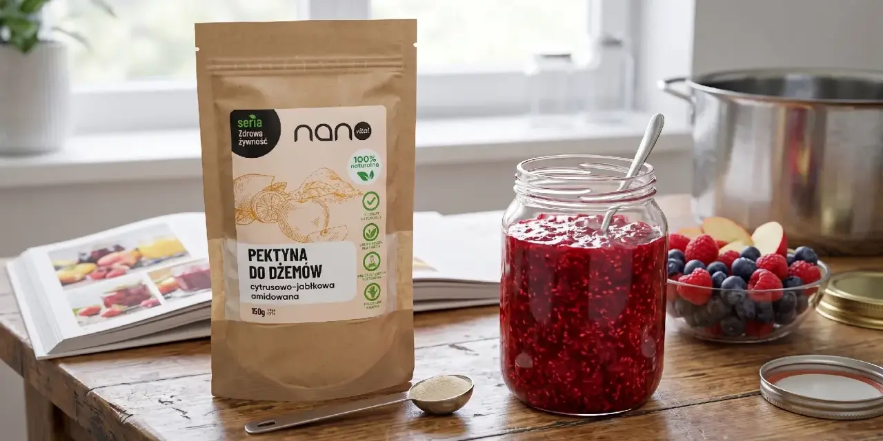 Pektyna do dżemów, cytrusowo-jabłkowa, to naturalny zagęstnik. Na stole słoik z malinowym dżemem, owoce i opakowanie produktu.