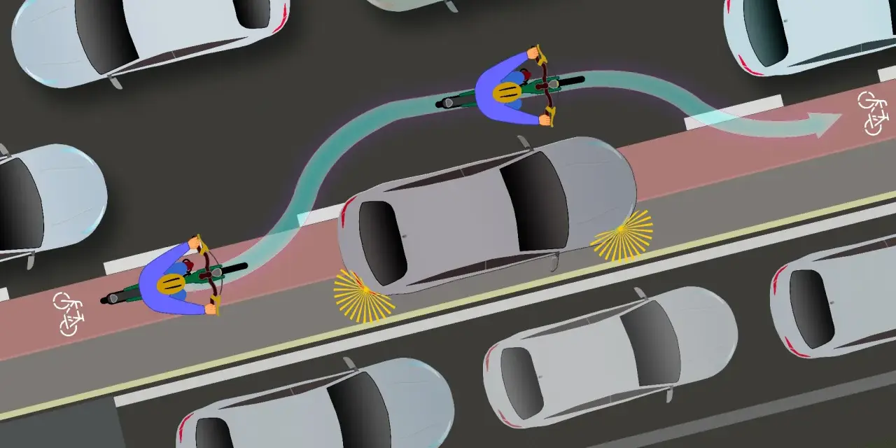 Radfahrer nutzen den Radweg, während Autos im **Parken in zweiter Reihe** den Verkehr behindern.