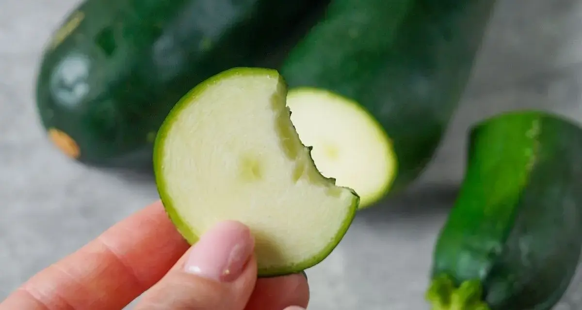 Frische Zucchini roh essen ist gesund und lecker. Eine Hand hält ein Stück, das angeknabbert ist.