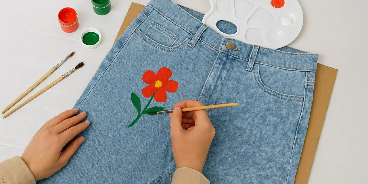 En person målar en röd blomma med gul mitt på ett par ljusblå jeans. Penslar, färger och en palett ligger bredvid.