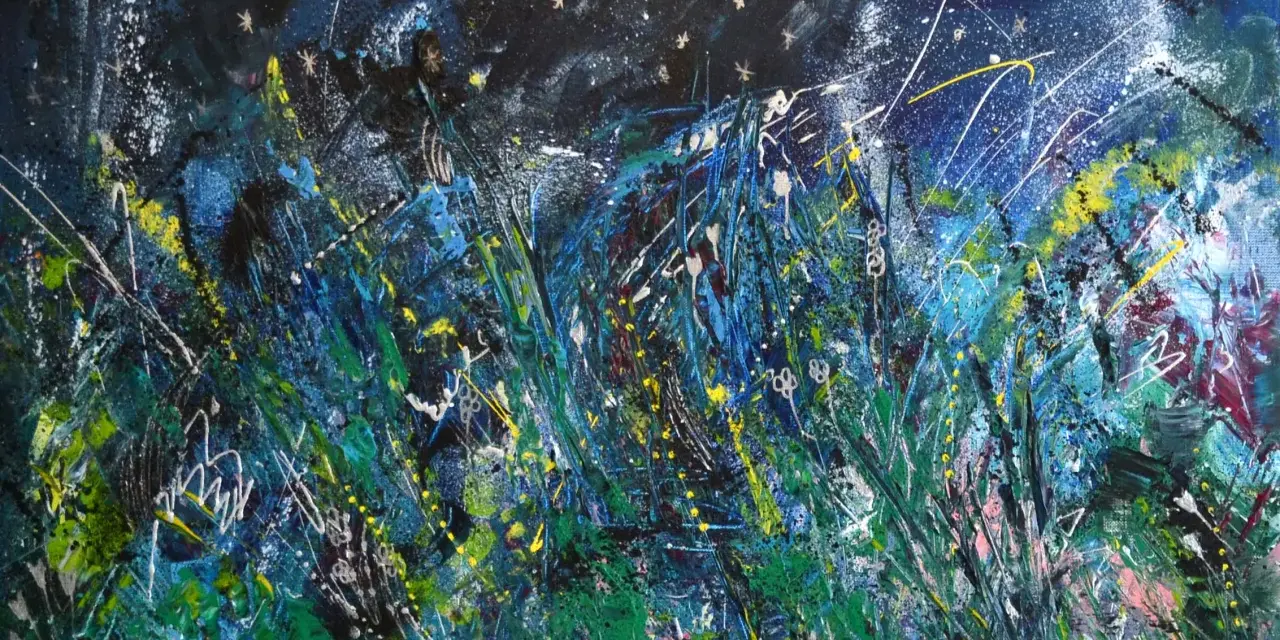 Une interprétation vibrante de la nuit étoilée, avec des touches de jaune et de bleu rappelant l'analyse de Van Gogh. La texture tourbillonnante évoque le mouvement des étoiles.