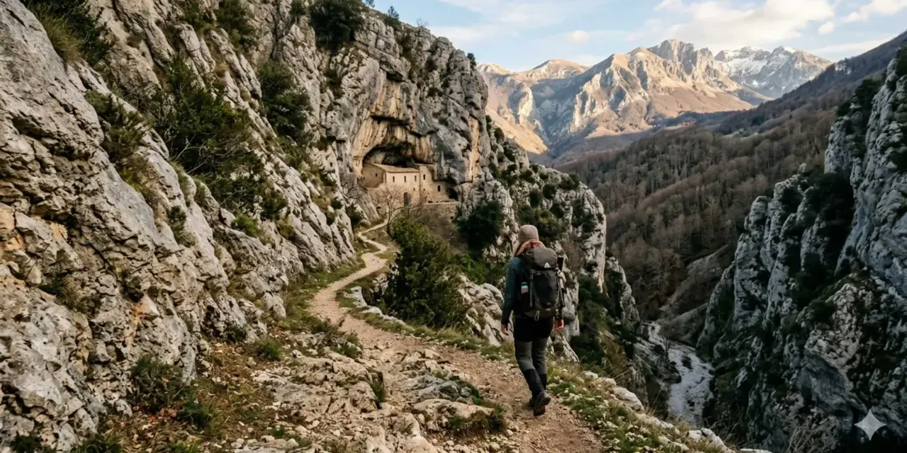 Un escursionista percorre un sentiero roccioso verso un eremo incastonato nella roccia, un'avventura nei cammini in Abruzzo.