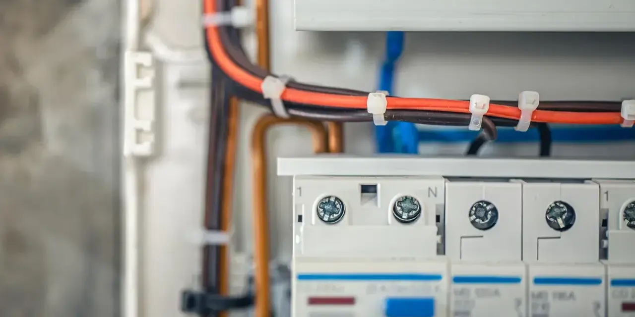 Wnętrze puszki elektrycznej z przewodami i wyłącznikami.