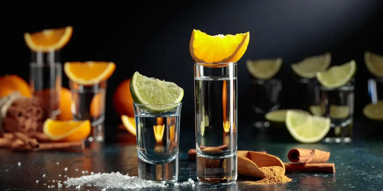 Zwei Tequila-Gläser mit Limette und Orange, bereit für die Tequila-Reihenfolge. Salz und Zimt liegen daneben.
