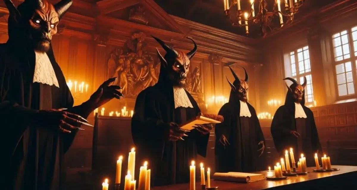 Cztery diabły w togach sądowych stoją przy stole, otoczone płonącymi świecami.