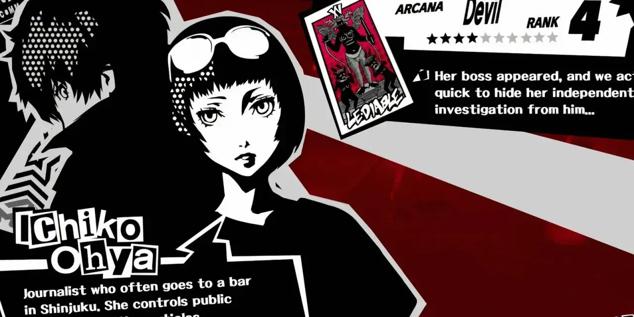 Ichiko Ohya, confidant de Persona 5 Royal, periodista de Shinjuku. Su tarot es el Diablo, rango 4.