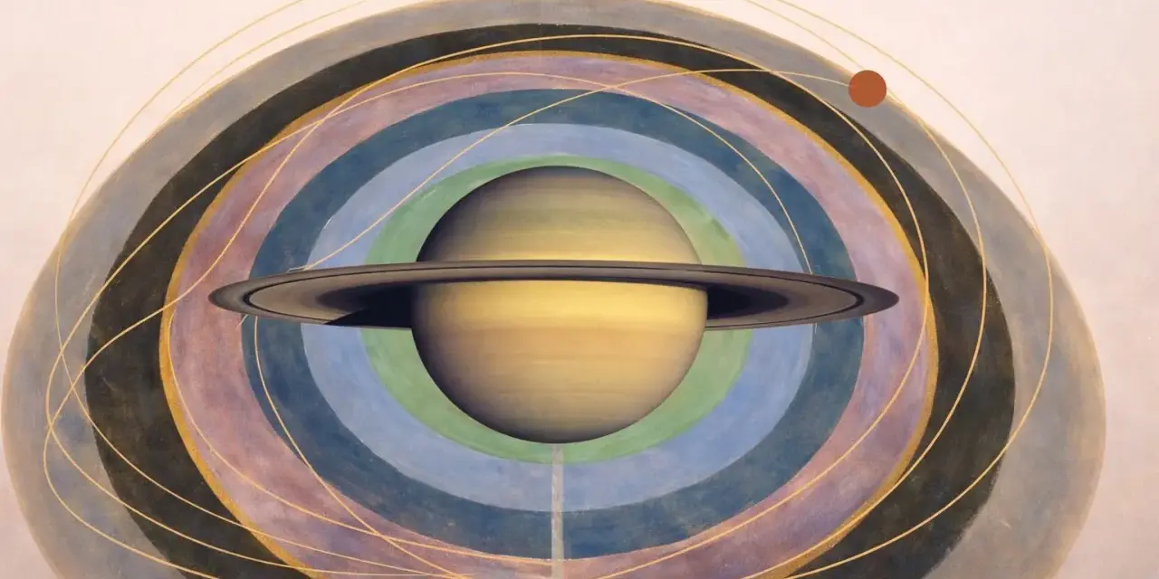 Saturno en astrología, representado con sus anillos, rodeado de órbitas concéntricas de colores y líneas doradas.