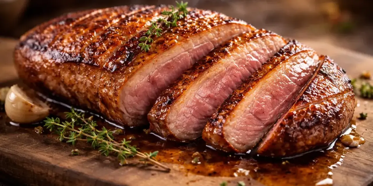 Un magret de canard au four, tranché, avec une croûte dorée et une chair rosée, servi sur une planche en bois avec du thym et de l'ail.