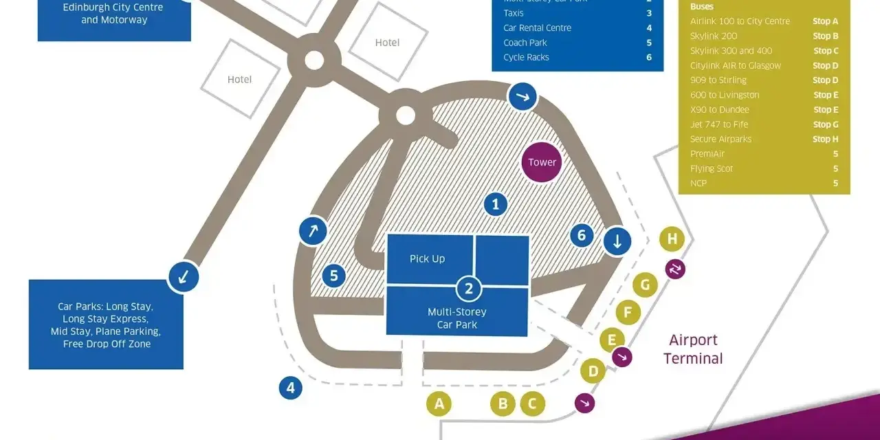 Mapa lotniska Edynburg. Pokazuje drogi, parkingi, transport publiczny i dojazd do centrum miasta.
