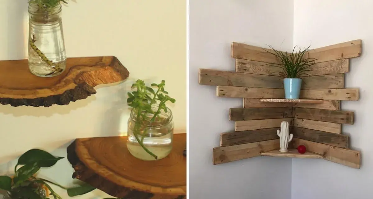 Idee mensole con pallet: mensole rustiche in legno grezzo e una mensola angolare fai-da-te con assi di pallet, perfette per piante e decorazioni.