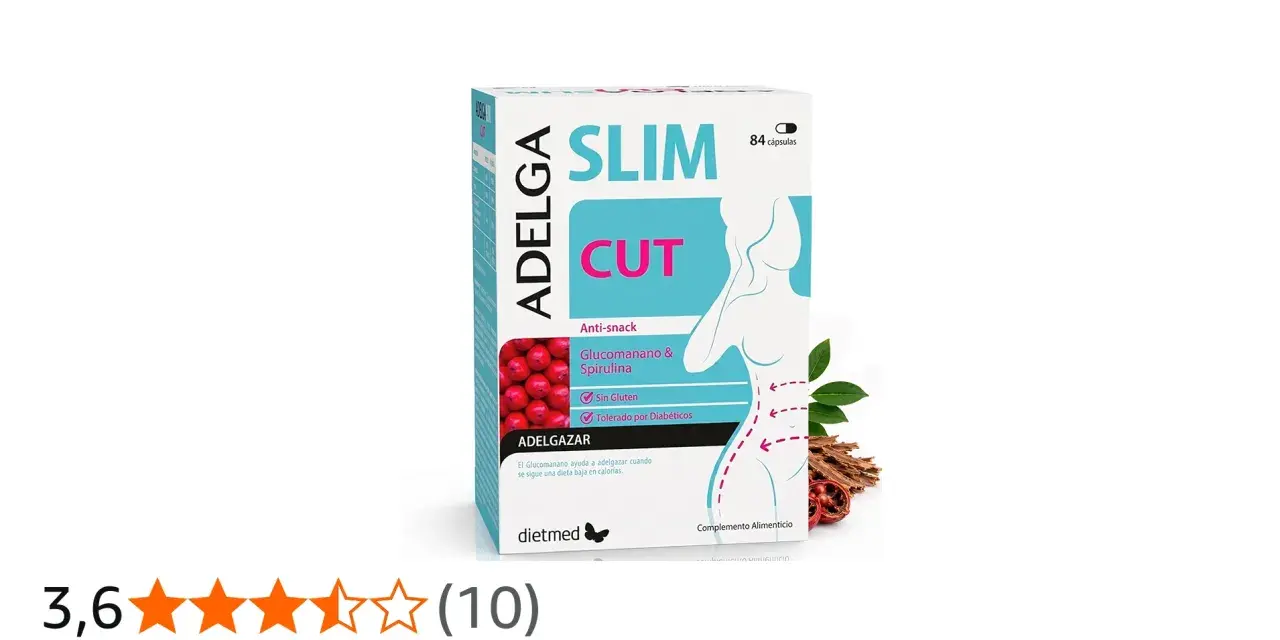 Caja de Adelga Slim Cut, un complemento alimenticio con glucomanano y espirulina para ayudar a adelgazar.