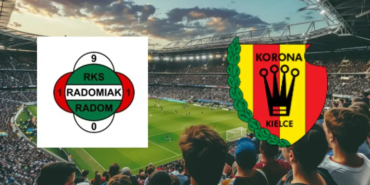 Emblematy Radomiaka Radom i Korony Kielce na tle stadionu. Wynik meczu 1:1.