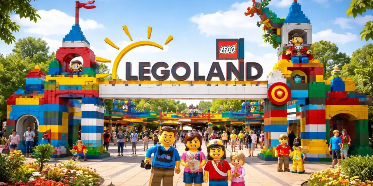 Rodzina na tle bramy Legolandu, gotowa na wycieczkę promem. Kolorowe budowle z klocków LEGO i uśmiechnięte postacie zapraszają do zabawy.