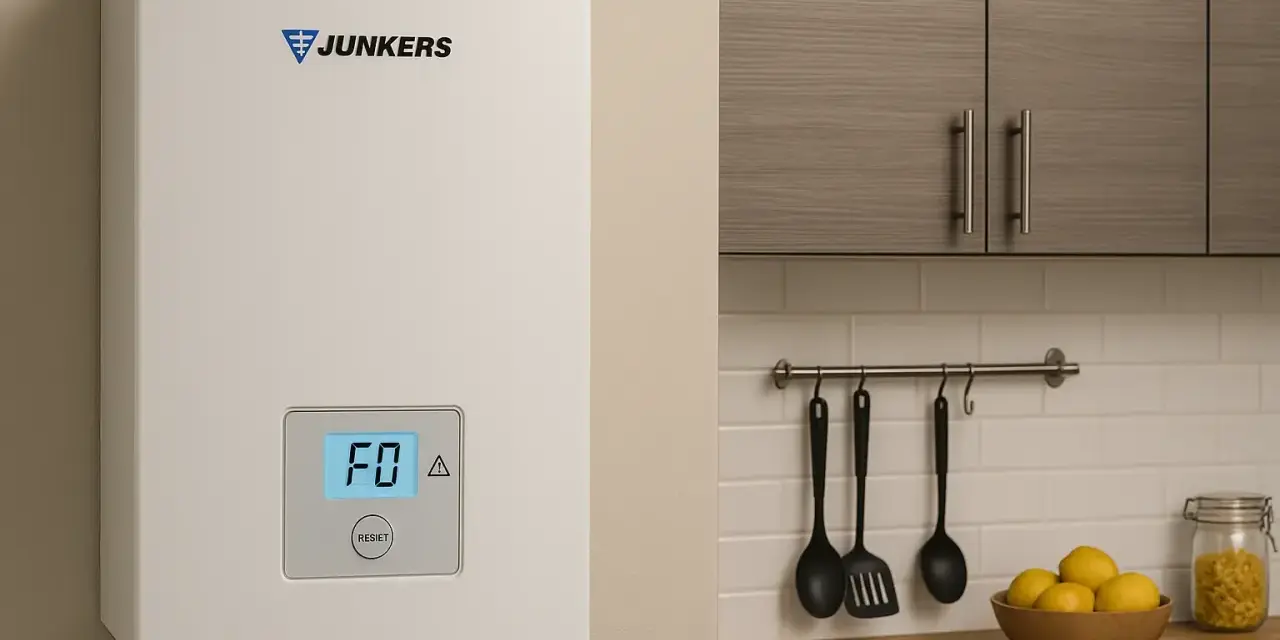Caldera Junkers con display F0, indicando la necesidad de bajar presión caldera Junkers. Cocina moderna al fondo.