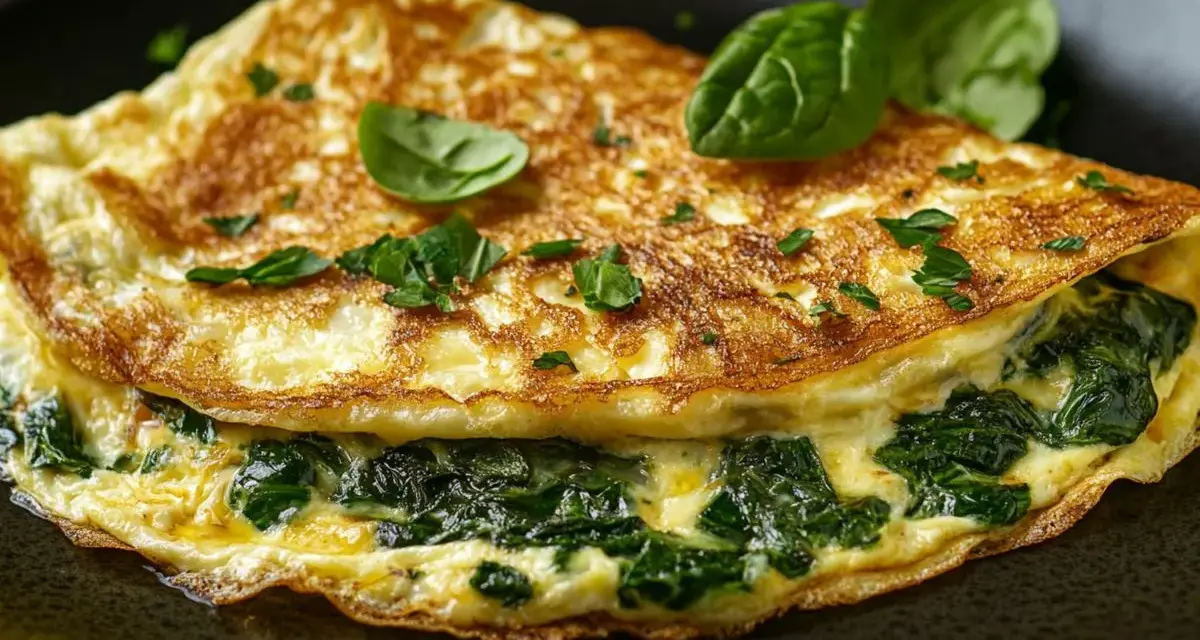 Złocisty omlet ze szpinakiem, udekorowany listkami bazylii i natki, prezentuje się apetycznie na ciemnym talerzu.