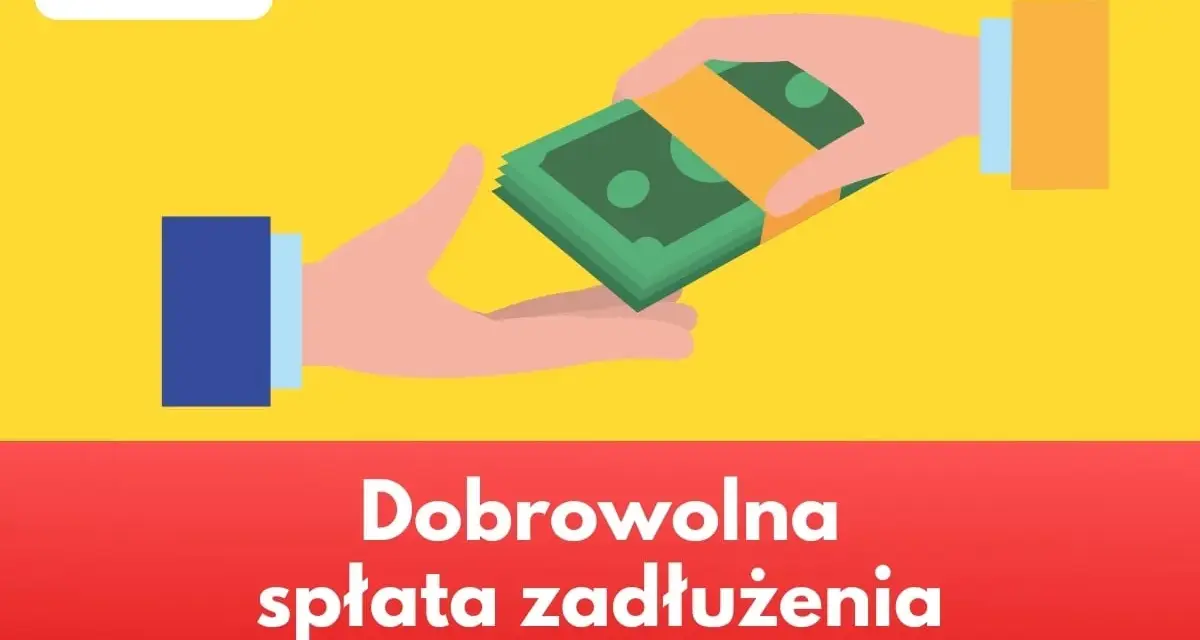Dwie dłonie przekazują sobie plik banknotów. Napis głosi: Dobrowolna spłata zadłużenia u komornika.