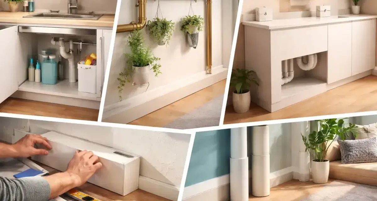 Installation d'un coffrage pour cacher les tuyaux disgracieux sous un lavabo et dans un coin de pièce.