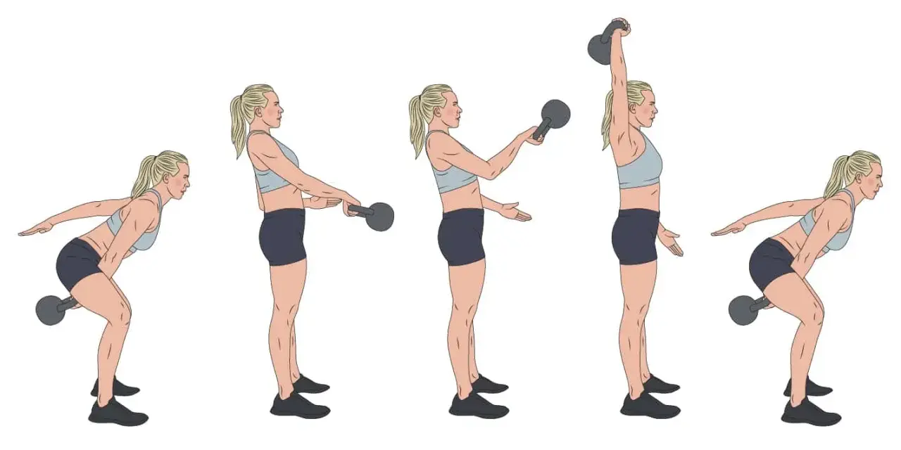 Kvinnan utför en kb snatch. Hon böjer sig ner, svingar vikten uppåt och avslutar med den över huvudet.