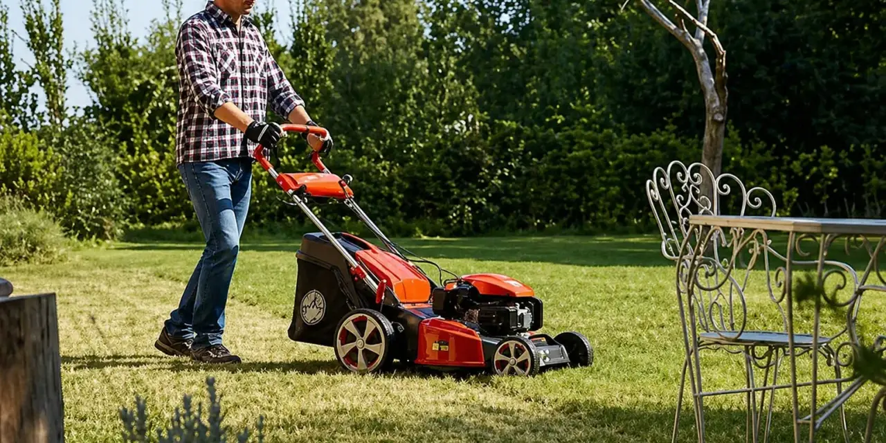 Mężczyzna kosi trawę bez kosza, co daje naturalne nawożenie. W tle ogród i stolik z krzesłami.