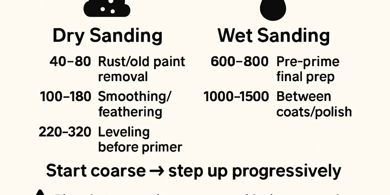 Guide to dry and wet sandpaper for car paint, showing grit ranges for rust removal, smoothing, and final prep. Start coarse, step up.
