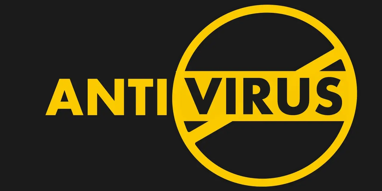 Żółty napis "ANTI VIRUS" na czarnym tle, z kółkiem i przekreśleniem symbolizującym ochronę.