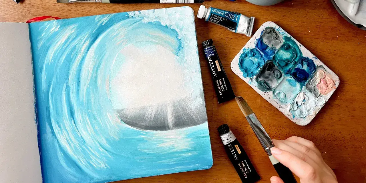 Peinture d'une vague en gouache, montrant la richesse de cette technique. La gouache, c'est quoi ? C'est une peinture opaque et mate.