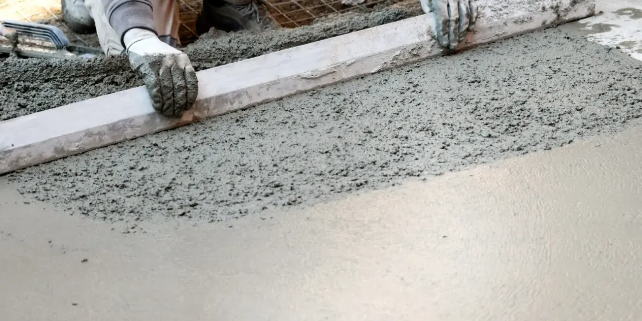 Ręce w rękawiczkach wyrównują świeży beton na taras za pomocą łaty.