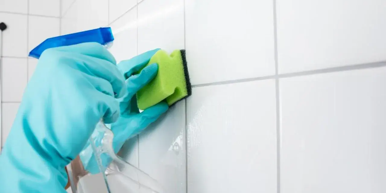 Manos con guantes azules rociando limpiador y frotando juntas de azulejos blancos con una esponja verde para blanquear juntas azulejos.