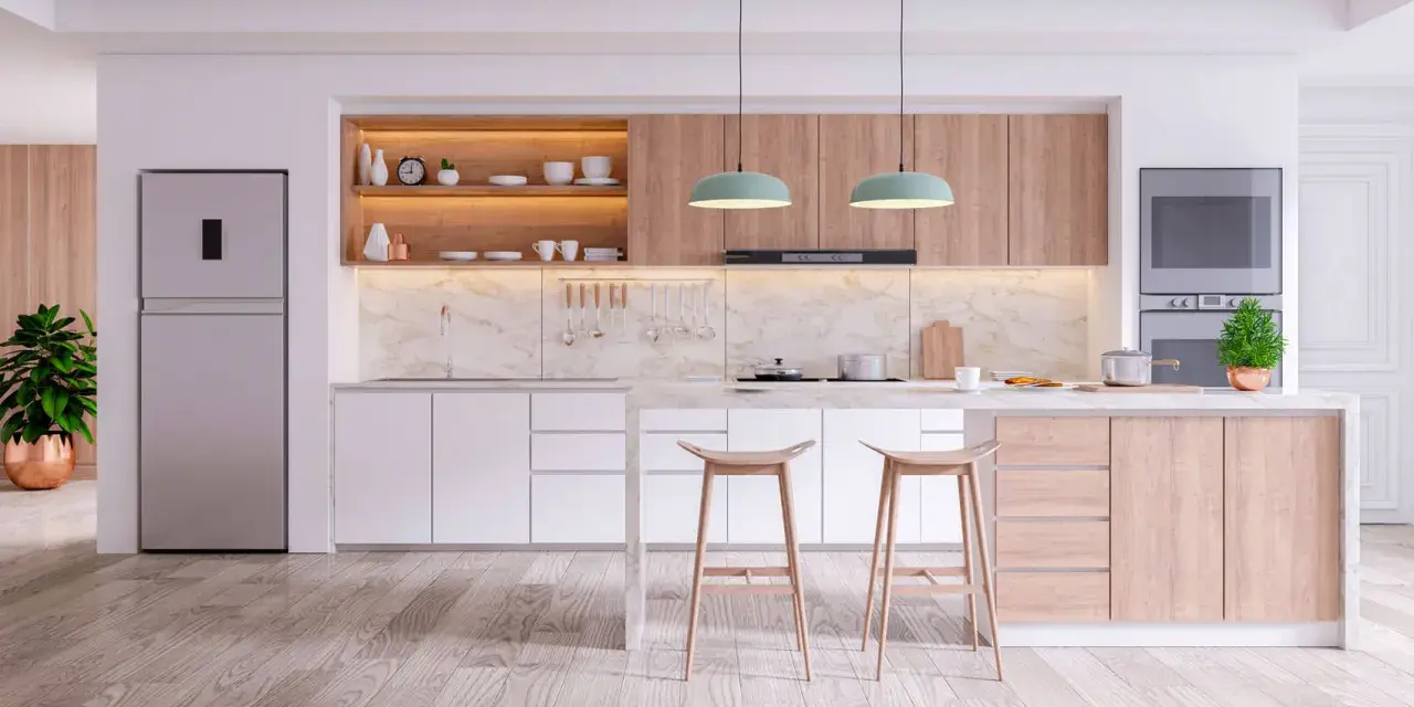 Cucine in cartongesso moderne con isola centrale, elettrodomestici integrati e finiture in legno chiaro.