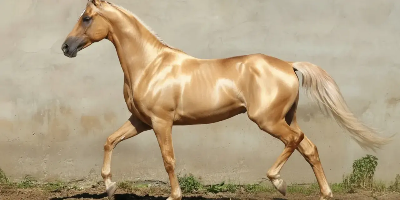 Cheval Akhal-Teke doré, silhouette élancée, crinière et queue claires, se déplaçant avec grâce devant un mur de pierre.