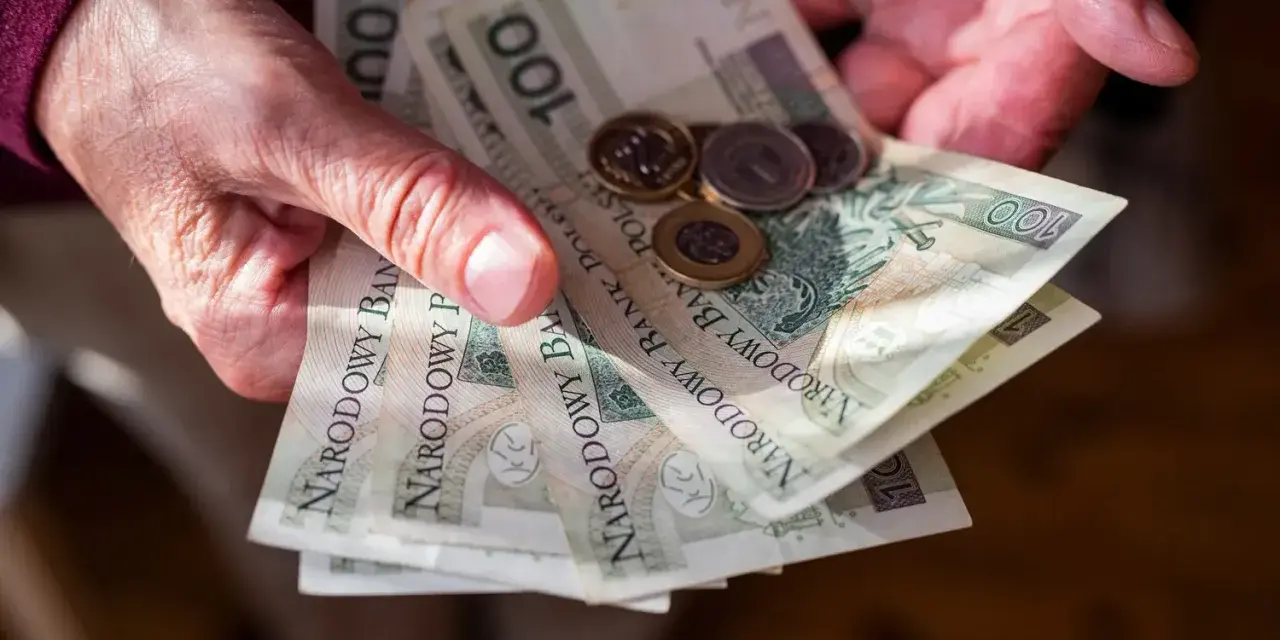 Dłonie trzymają polskie banknoty 100 zł i monety. Ile trzeba przepracować żeby dostać emeryturę?