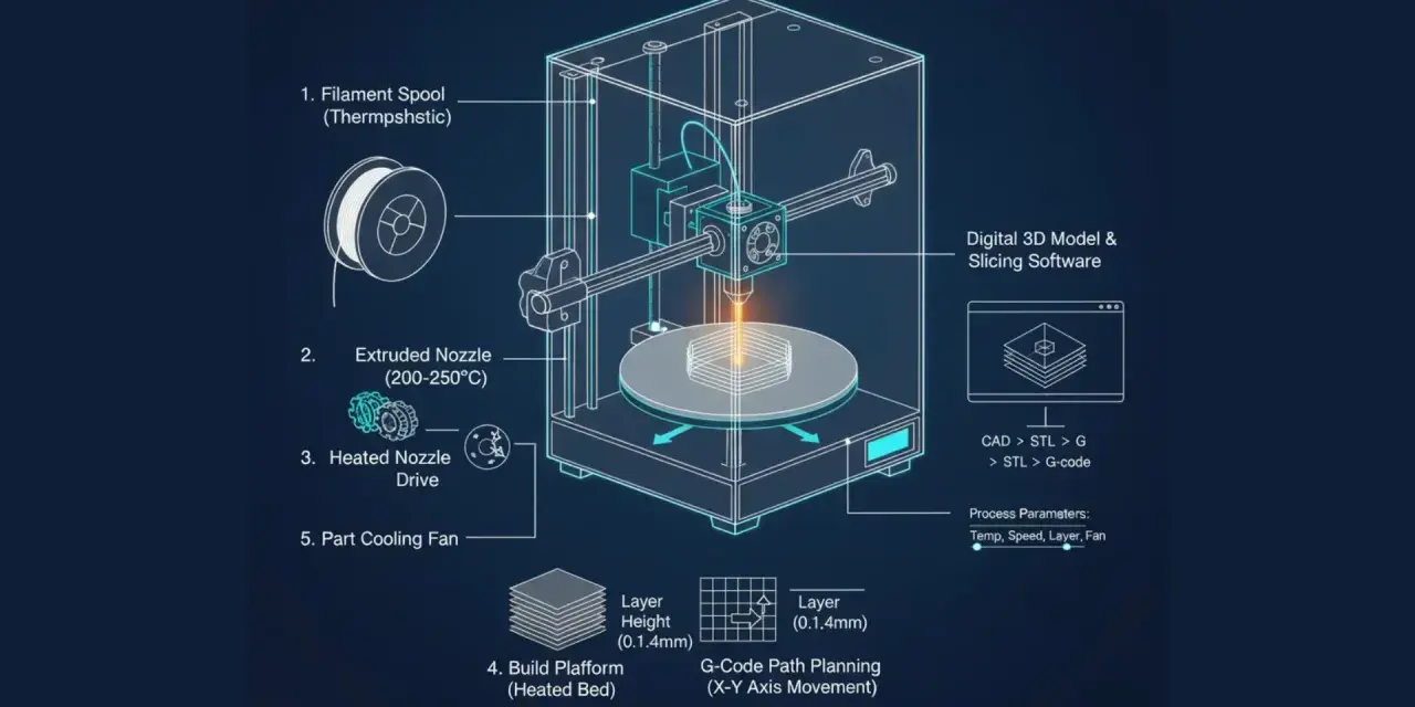 Diagram illustrating how a fdm printer works, showing filament spool, heated nozzle, build platform, and software.