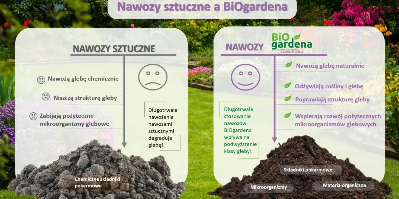 Porównanie nawozów sztucznych i BiOgardena. BiOgardena to naturalny nawóz, który odżywia glebę i rośliny, poprawia jej strukturę i wspiera mikroorganizmy.