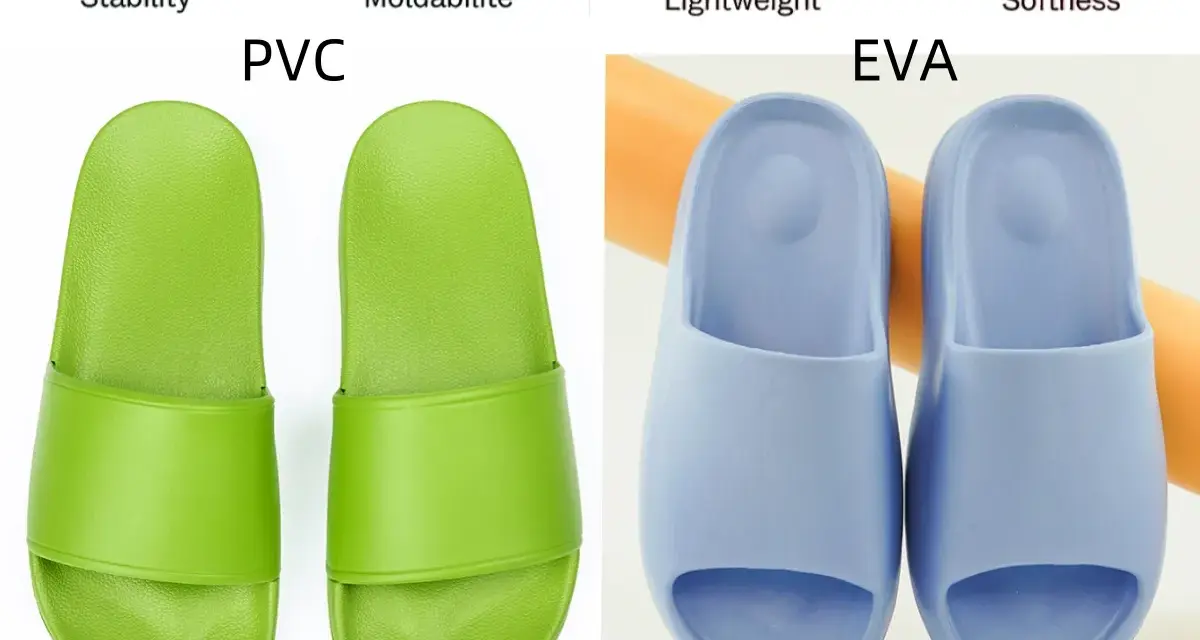Chanclas verdes de PVC y chanclas azules de **eva material**, ligeras y suaves.