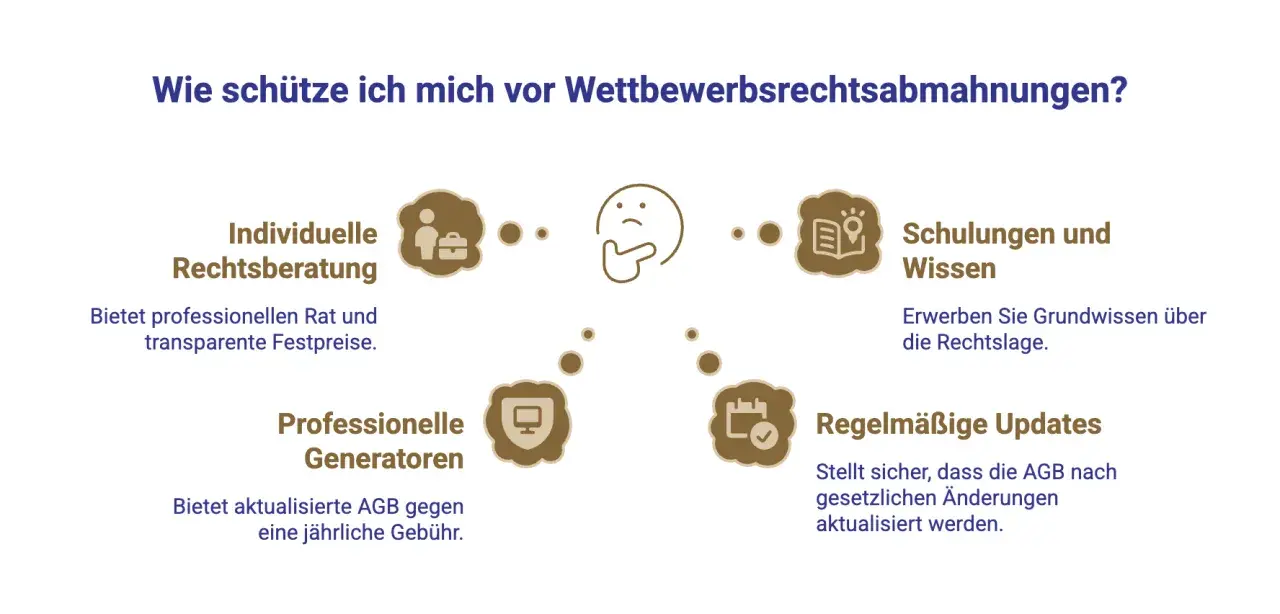 Grafik zeigt Wege, sich vor einer Abmahnung zu schützen: Rechtsberatung, Schulungen, Generatoren und Updates.