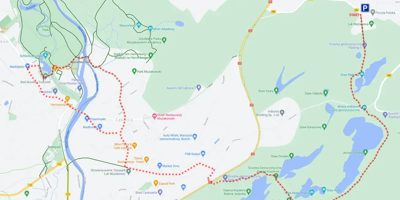 Mapa turystyczna Geopark Łuk Mużakowa z zaznaczoną trasą spacerową, jeziorami i punktami widokowymi.