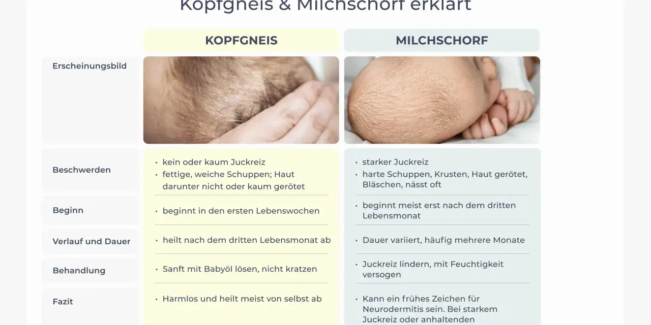 Baby kratzt sich am Kopf wegen Kopfgneis oder Milchschorf. Die Bilder zeigen die Unterschiede.