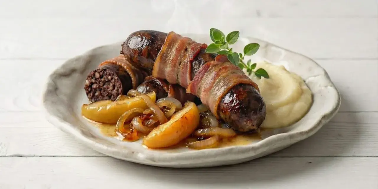 Pyszna kaszanka z piekarnika, owinięta boczkiem, podana z jabłkami i puree.