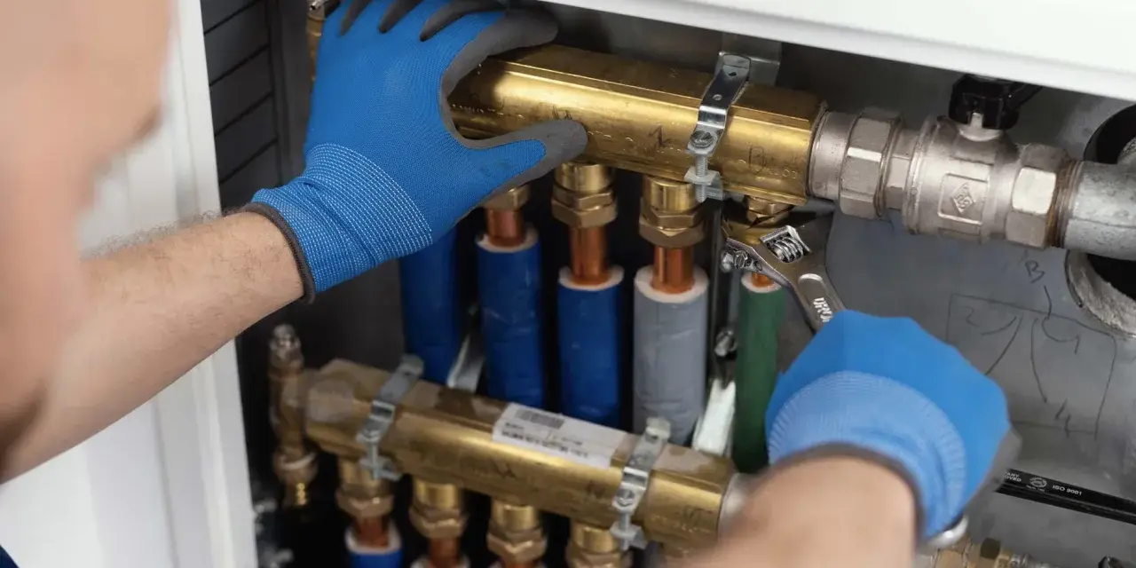 Ręce w niebieskich rękawiczkach dokręcają kluczem mosiężny element instalacji hydraulicznej w domu.