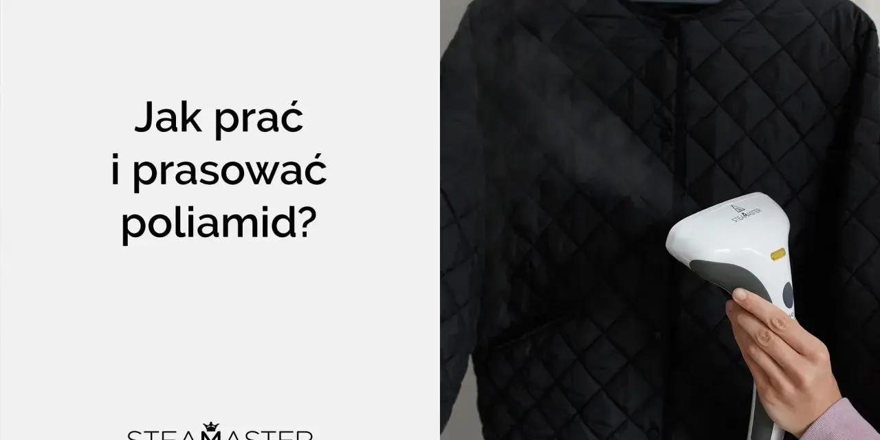 Jak prać i prasować poliamid? Czarna pikowana kurtka jest odświeżana parownicą SteamMaster.