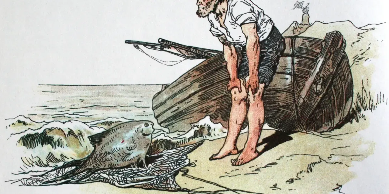 Rybak pochyla się nad siecią, w której leży ryba. To scena z baśni o złotej rybce, która może spełnić życzenia.