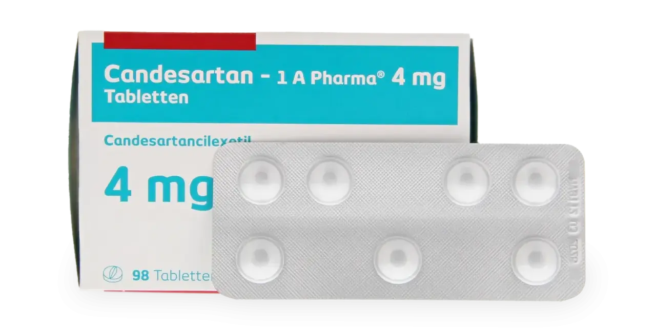 Opakowanie leku Candesartan 4 mg, zawierające 98 tabletek w blistrze. Stosowany w leczeniu nadciśnienia.