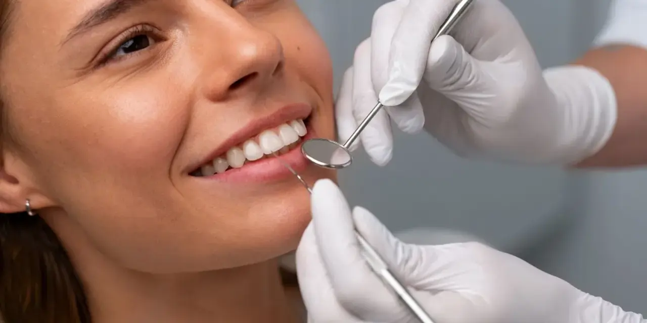 Uśmiechnięta kobieta podczas badania stomatologicznego. Dentysta sprawdza zęby, by upewnić się, że bonding nie niszczy zębów.