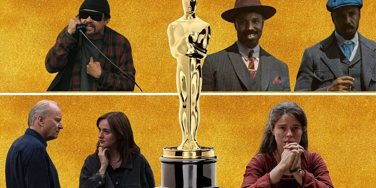 Gwiazdy filmowe w oczekiwaniu na Oscary 2026. Złoty Oscar pośrodku, a wokół niego aktorzy z różnych produkcji.